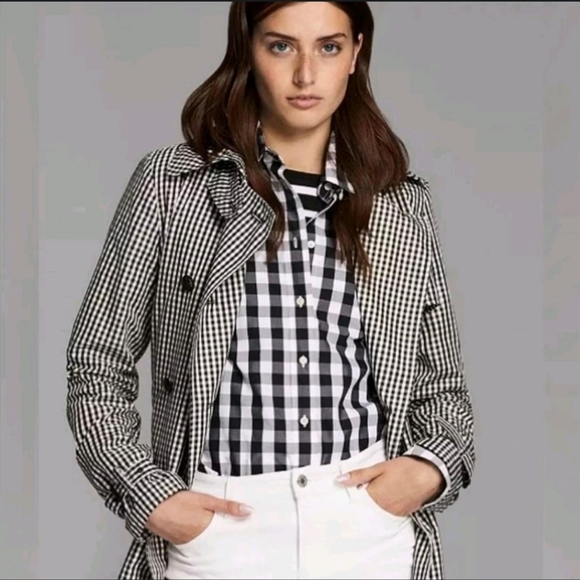 COACH‎ NWT Chambray & Black Gingham Short Double Breasted Trench Coat Women's XS - Picture 1 of 15